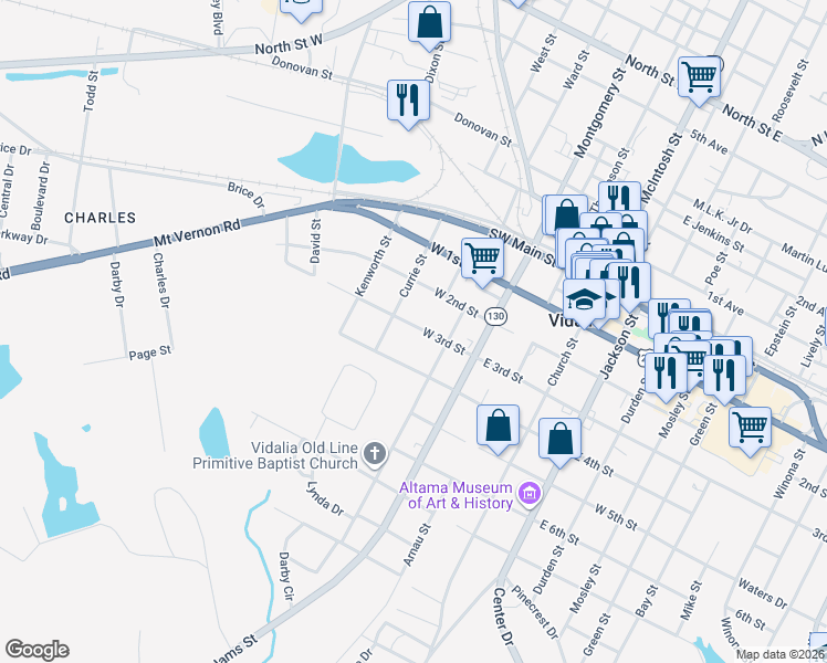 map of restaurants, bars, coffee shops, grocery stores, and more near 406 Currie Street in Vidalia