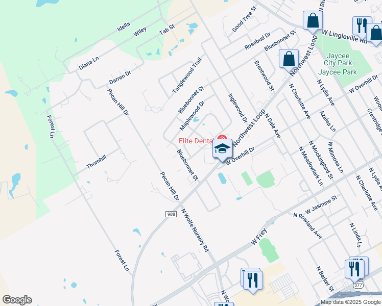 map of restaurants, bars, coffee shops, grocery stores, and more near 1590 Glenwood Drive in Stephenville