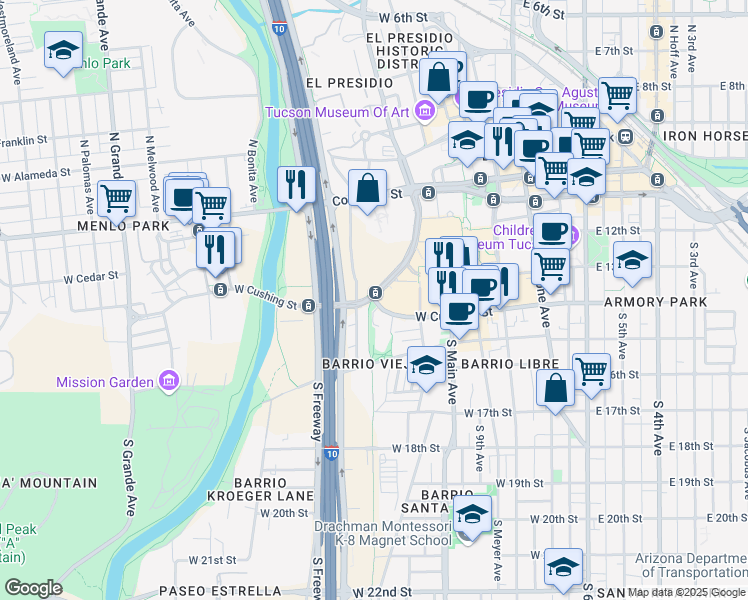 map of restaurants, bars, coffee shops, grocery stores, and more near 495 West Cushing Street in Tucson
