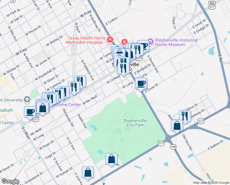 map of restaurants, bars, coffee shops, grocery stores, and more near 570 West Long in Stephenville