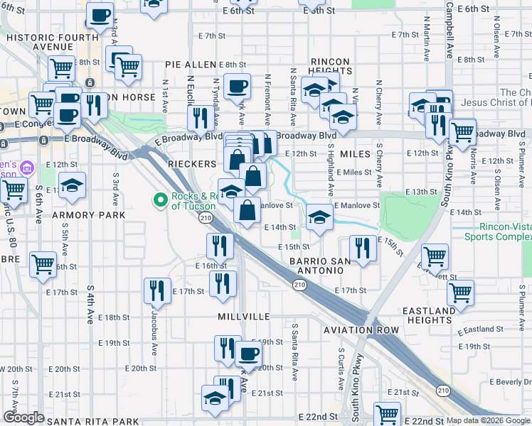 map of restaurants, bars, coffee shops, grocery stores, and more near 435 South Fremont Avenue in Tucson