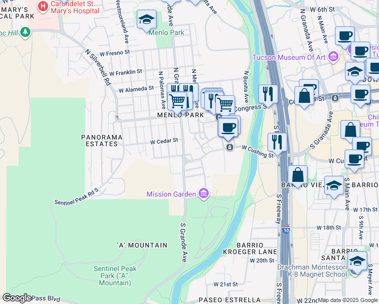 map of restaurants, bars, coffee shops, grocery stores, and more near 149 South Grande Avenue in Tucson