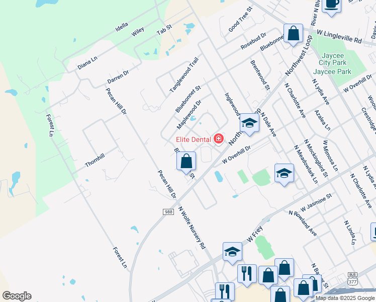 map of restaurants, bars, coffee shops, grocery stores, and more near 1590 Glenwood Drive in Stephenville