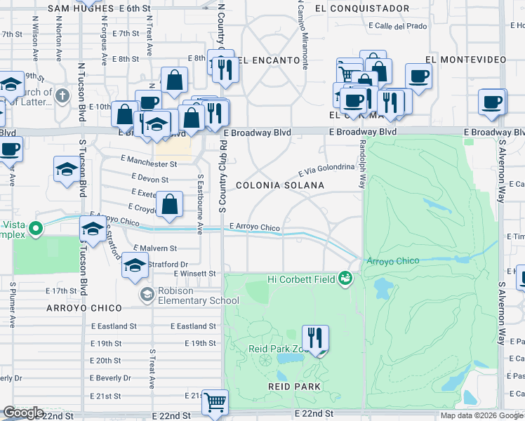 map of restaurants, bars, coffee shops, grocery stores, and more near 560 South Vía Guadalupe in Tucson