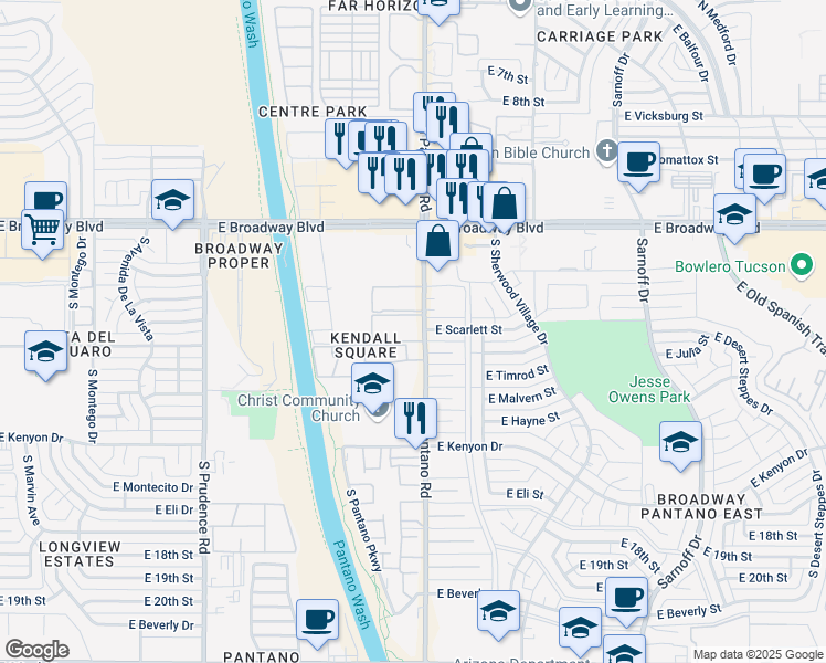 map of restaurants, bars, coffee shops, grocery stores, and more near 260 South Pantano Road in Tucson