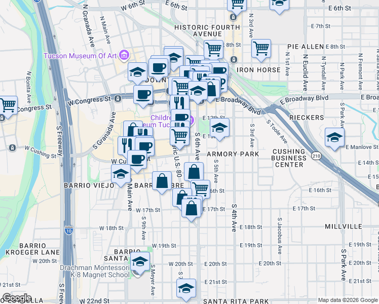 map of restaurants, bars, coffee shops, grocery stores, and more near 343 South Scott Avenue in Tucson