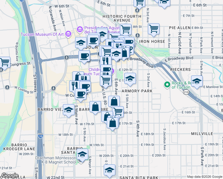 map of restaurants, bars, coffee shops, grocery stores, and more near 345 South Stone Avenue in Tucson