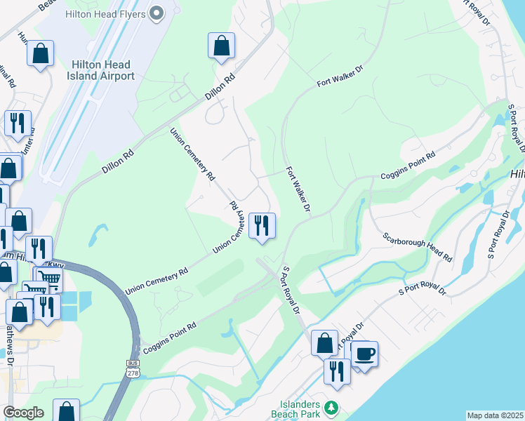 map of restaurants, bars, coffee shops, grocery stores, and more near 12 Dahlgren Lane in Hilton Head Island