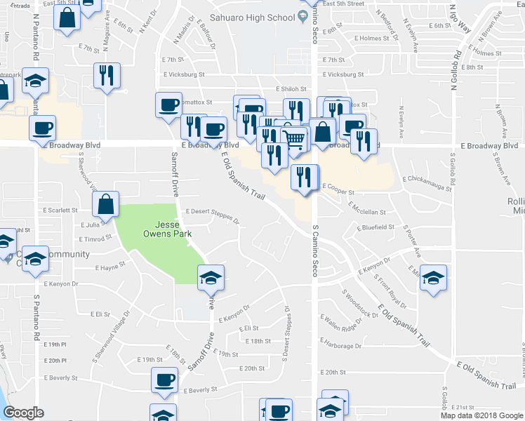 map of restaurants, bars, coffee shops, grocery stores, and more near 8600 East Old Spanish Trail in Tucson