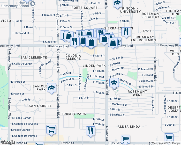map of restaurants, bars, coffee shops, grocery stores, and more near 4547 East Timrod Street in Tucson