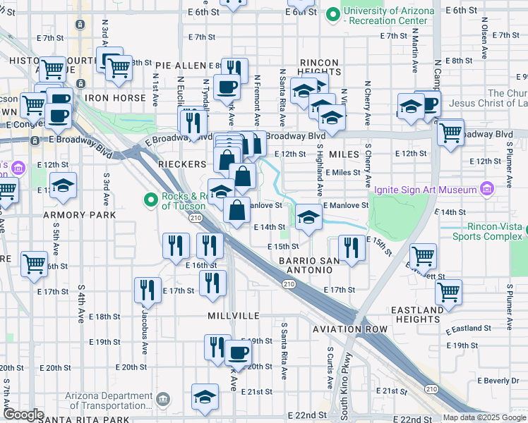 map of restaurants, bars, coffee shops, grocery stores, and more near 435 South Fremont Avenue in Tucson