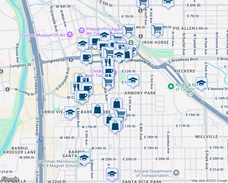 map of restaurants, bars, coffee shops, grocery stores, and more near 345 South Stone Avenue in Tucson