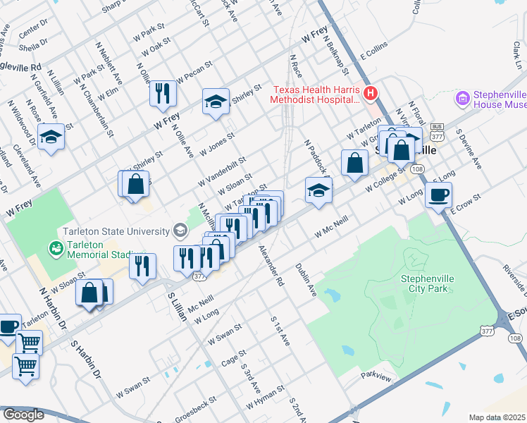 map of restaurants, bars, coffee shops, grocery stores, and more near 1022 Green Street in Stephenville