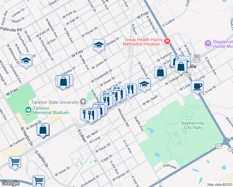 map of restaurants, bars, coffee shops, grocery stores, and more near 1022 Green Street in Stephenville