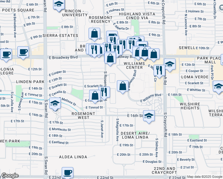 map of restaurants, bars, coffee shops, grocery stores, and more near 353 South Vía De Los Campos in Tucson