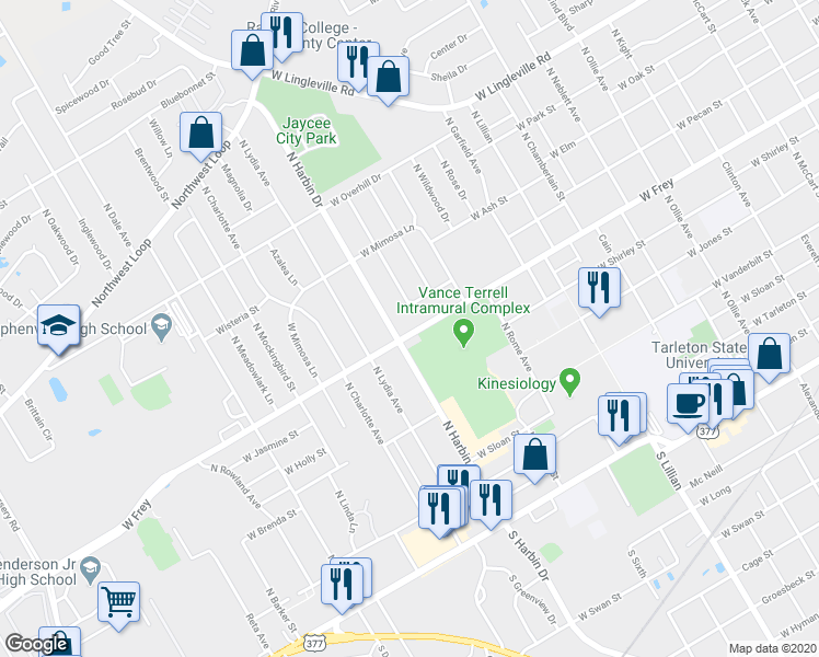 map of restaurants, bars, coffee shops, grocery stores, and more near 1997 West Frey in Stephenville