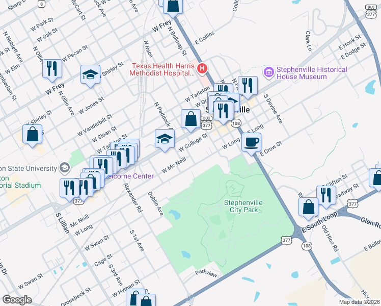 map of restaurants, bars, coffee shops, grocery stores, and more near 685 West Long in Stephenville