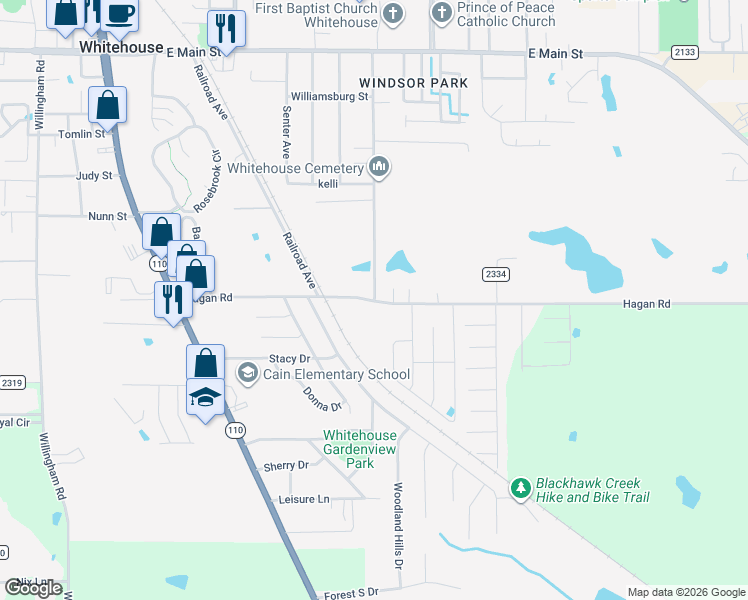 map of restaurants, bars, coffee shops, grocery stores, and more near 623 Hagan Road in Whitehouse
