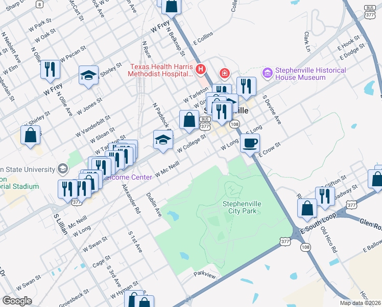 map of restaurants, bars, coffee shops, grocery stores, and more near 685 West Long in Stephenville