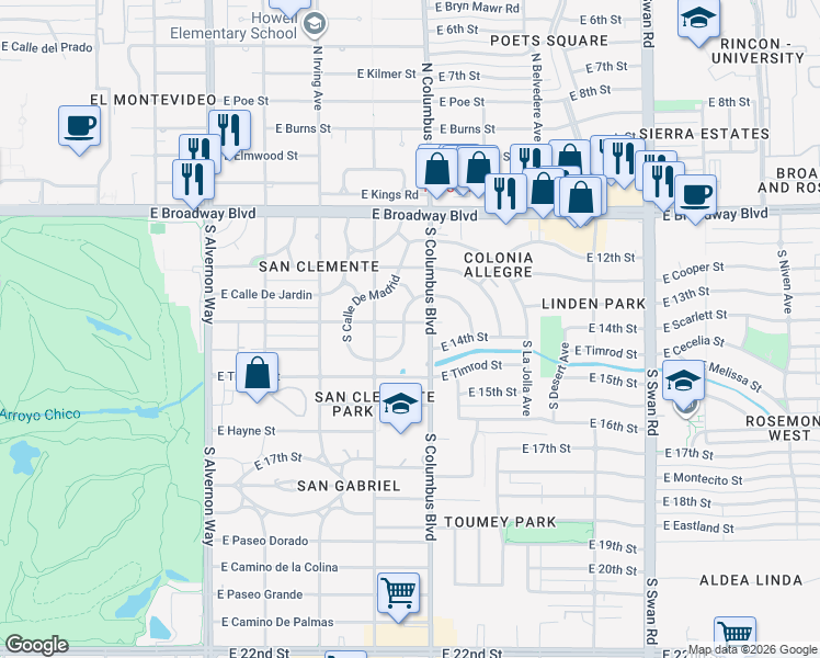 map of restaurants, bars, coffee shops, grocery stores, and more near 4256 East Whittier Street in Tucson