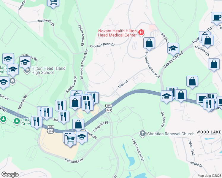 map of restaurants, bars, coffee shops, grocery stores, and more near 80 Main Street in Hilton Head Island