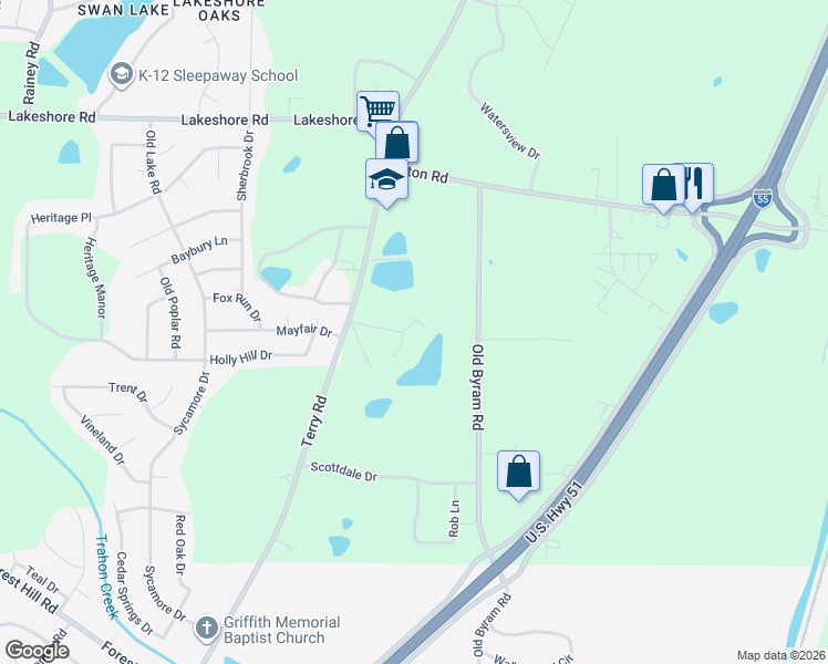 map of restaurants, bars, coffee shops, grocery stores, and more near 4778 Terry Road in Jackson