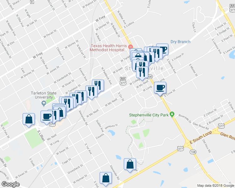 map of restaurants, bars, coffee shops, grocery stores, and more near 790 West Mc Neill in Stephenville