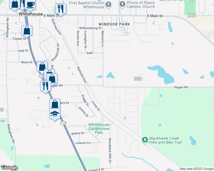 map of restaurants, bars, coffee shops, grocery stores, and more near 601 Hagan Road in Whitehouse