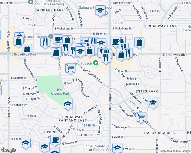 map of restaurants, bars, coffee shops, grocery stores, and more near 8600 East Old Spanish Trail in Tucson