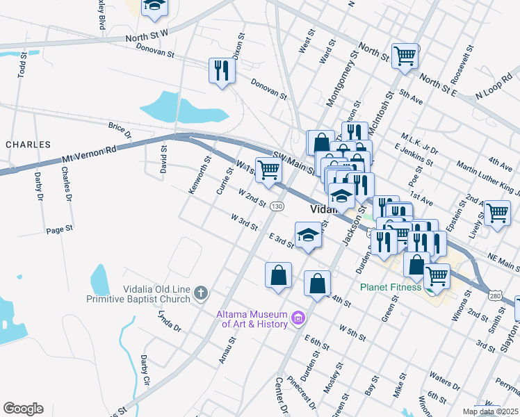map of restaurants, bars, coffee shops, grocery stores, and more near 301 Adams Street in Vidalia