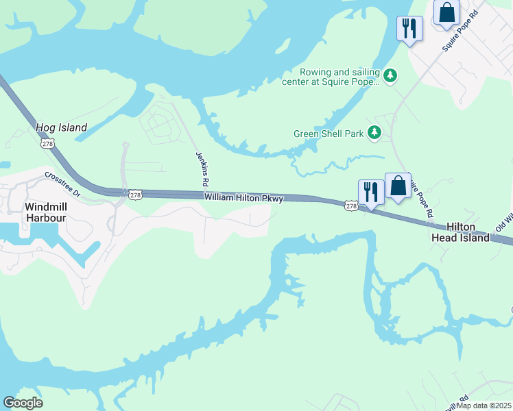 map of restaurants, bars, coffee shops, grocery stores, and more near 1 Fantail Lane in Hilton Head Island