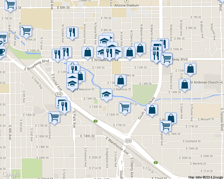map of restaurants, bars, coffee shops, grocery stores, and more near 1416 East 13th Street in Tucson
