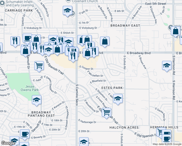 map of restaurants, bars, coffee shops, grocery stores, and more near 8801 East Cooper Street in Tucson