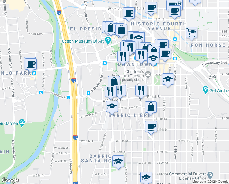 map of restaurants, bars, coffee shops, grocery stores, and more near 260 South Church Avenue in Tucson