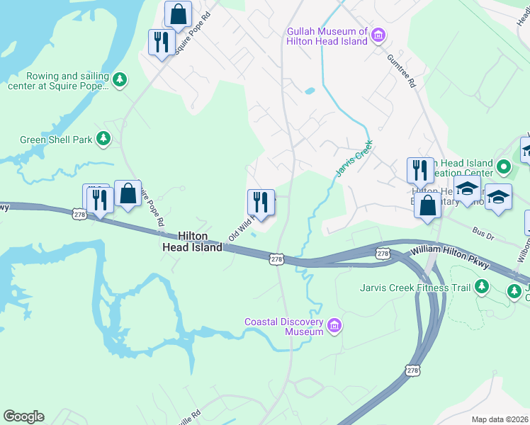 map of restaurants, bars, coffee shops, grocery stores, and more near 99 Mustang Lane in Hilton Head Island