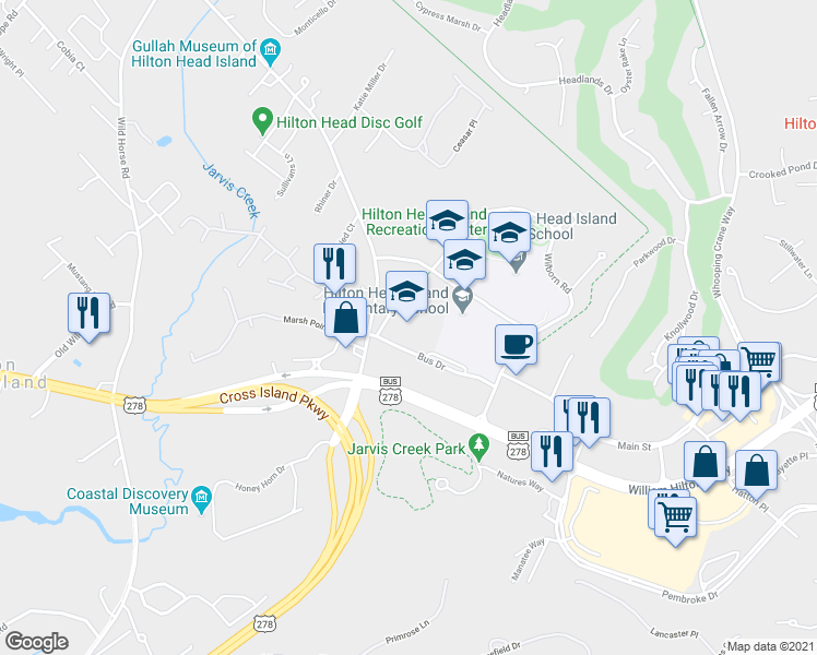 map of restaurants, bars, coffee shops, grocery stores, and more near 10 Wilborn Road in Hilton Head Island