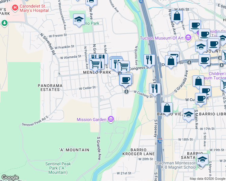 map of restaurants, bars, coffee shops, grocery stores, and more near 895 West Calle de Los Higos in Tucson