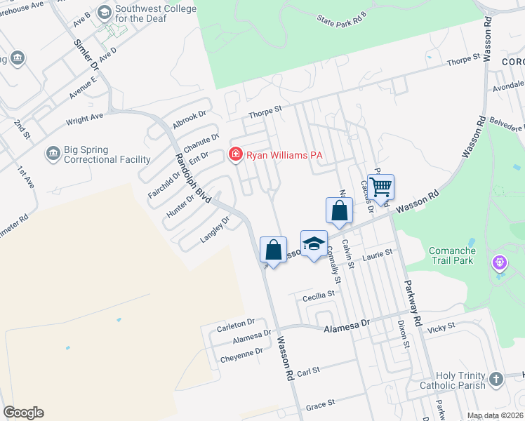 map of restaurants, bars, coffee shops, grocery stores, and more near 2902 Clanton Street in Big Spring