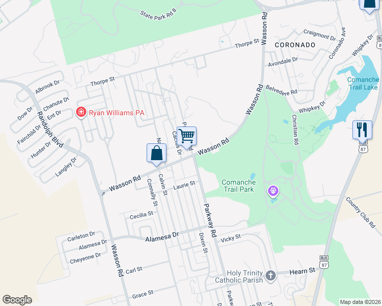 map of restaurants, bars, coffee shops, grocery stores, and more near 2800 Parkway Road in Big Spring