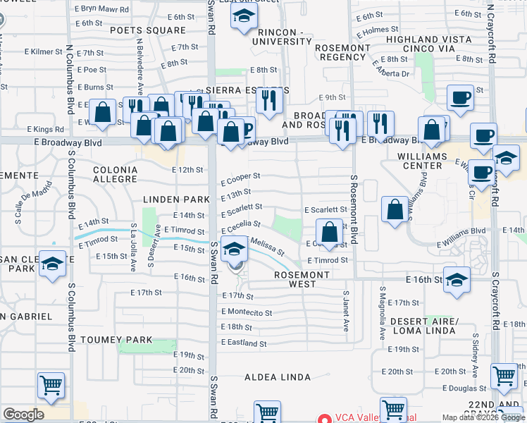 map of restaurants, bars, coffee shops, grocery stores, and more near 4833 East Scarlett Street in Tucson
