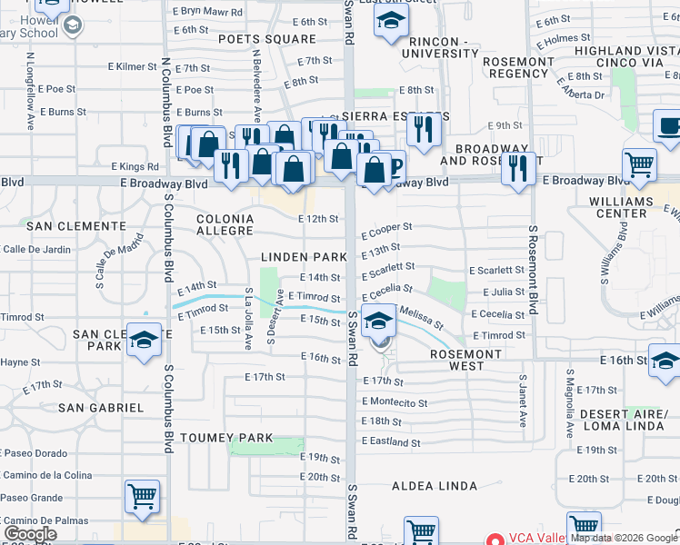 map of restaurants, bars, coffee shops, grocery stores, and more near 4625 East 13th Street in Tucson