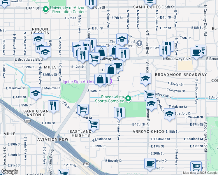 map of restaurants, bars, coffee shops, grocery stores, and more near 2020 East 13th Street in Tucson