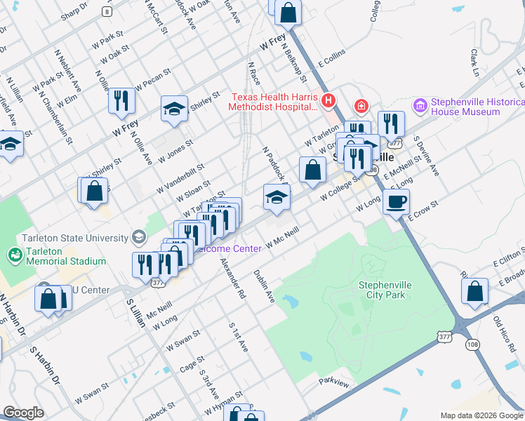 map of restaurants, bars, coffee shops, grocery stores, and more near 811 West Washington Street in Stephenville