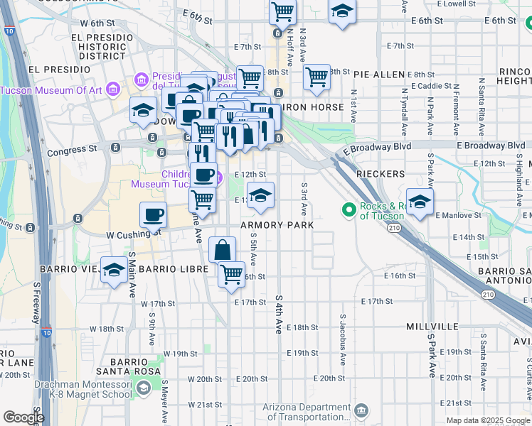 map of restaurants, bars, coffee shops, grocery stores, and more near 200 East 13th Street in Tucson