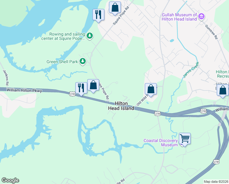 map of restaurants, bars, coffee shops, grocery stores, and more near 10 Indian Pipe Lane in Hilton Head Island