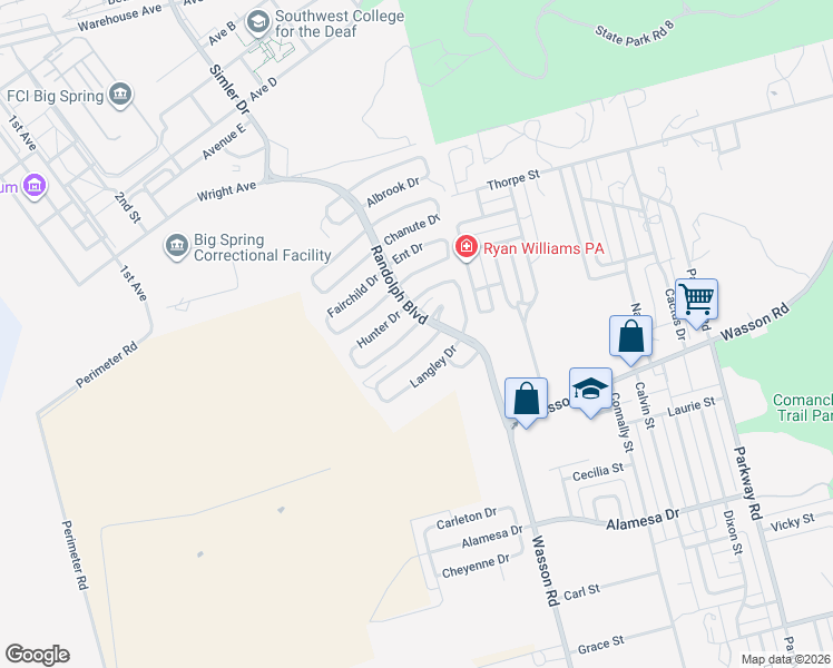 map of restaurants, bars, coffee shops, grocery stores, and more near 2501-2699 Hunter Dr in Big Spring
