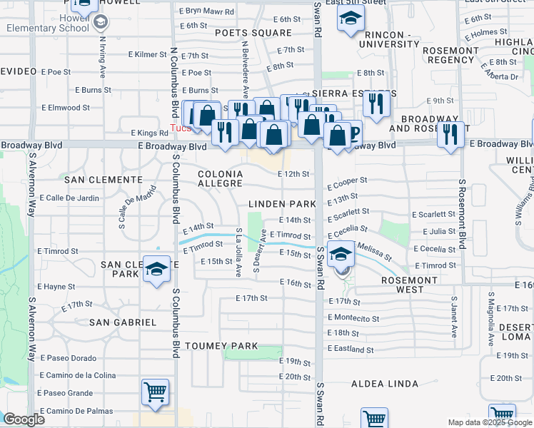 map of restaurants, bars, coffee shops, grocery stores, and more near in Tucson