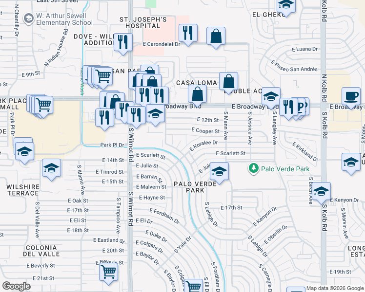 map of restaurants, bars, coffee shops, grocery stores, and more near 211 South Busch Place in Tucson