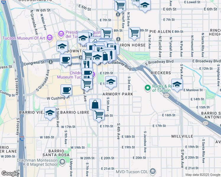 map of restaurants, bars, coffee shops, grocery stores, and more near 200 East 13th Street in Tucson