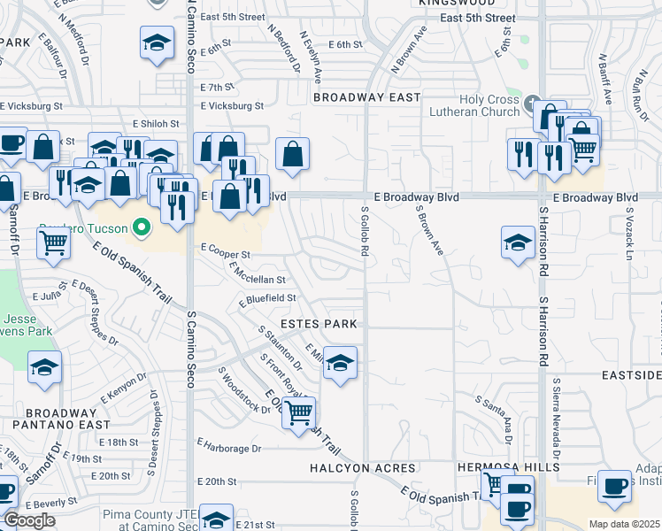 map of restaurants, bars, coffee shops, grocery stores, and more near 8951 East Cooper Street in Tucson